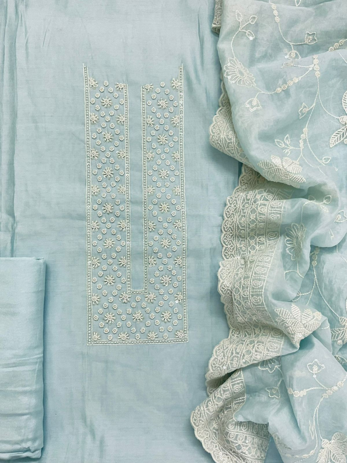 Pure Muslin Embroidered Suit - Blue