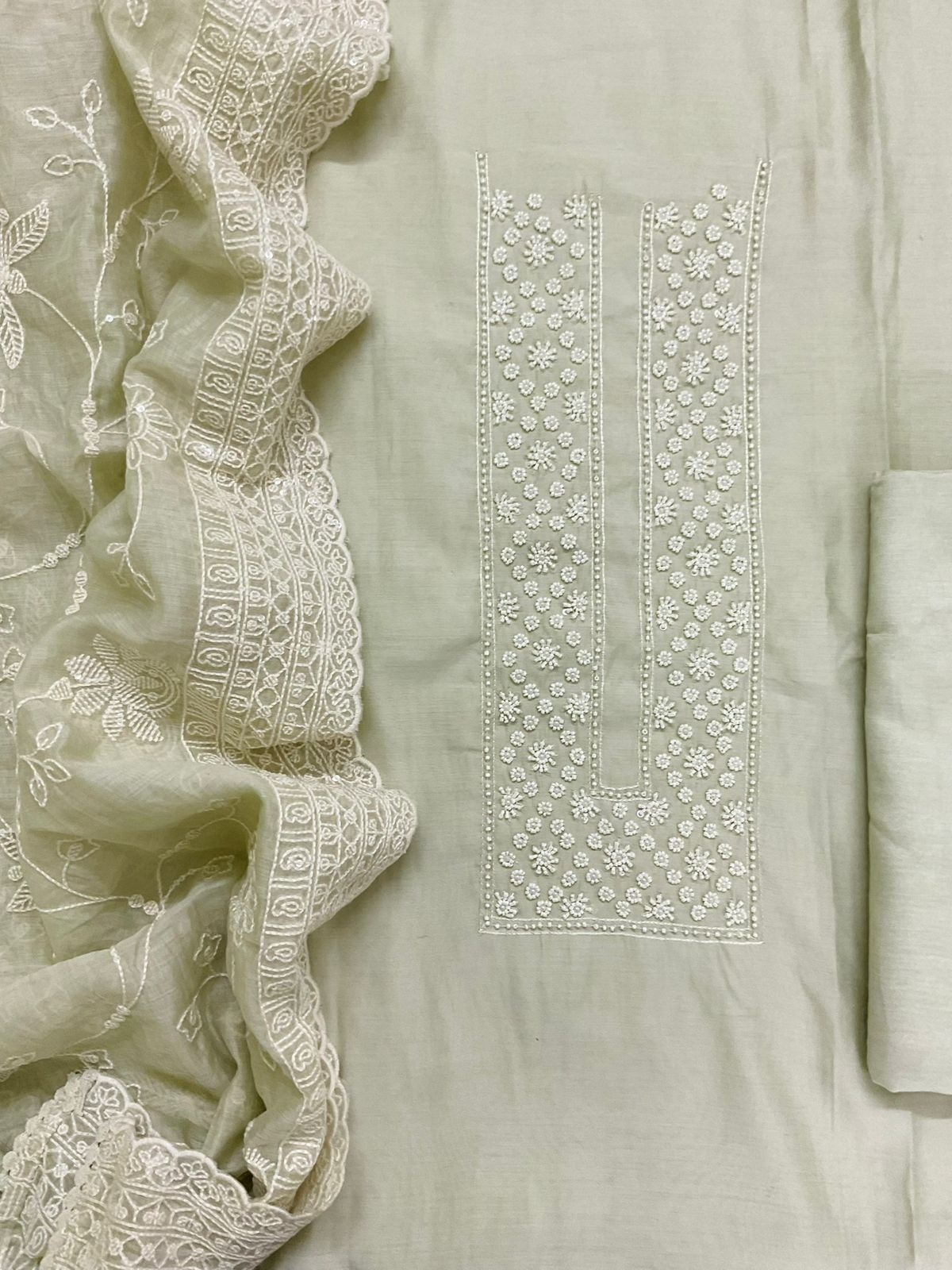 Pure Muslin Embroidered Suit - Greenish Beige
