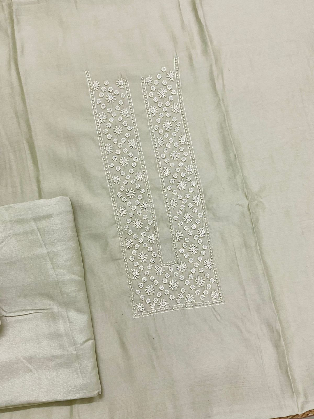 Pure Muslin Embroidered Suit - Greenish Beige