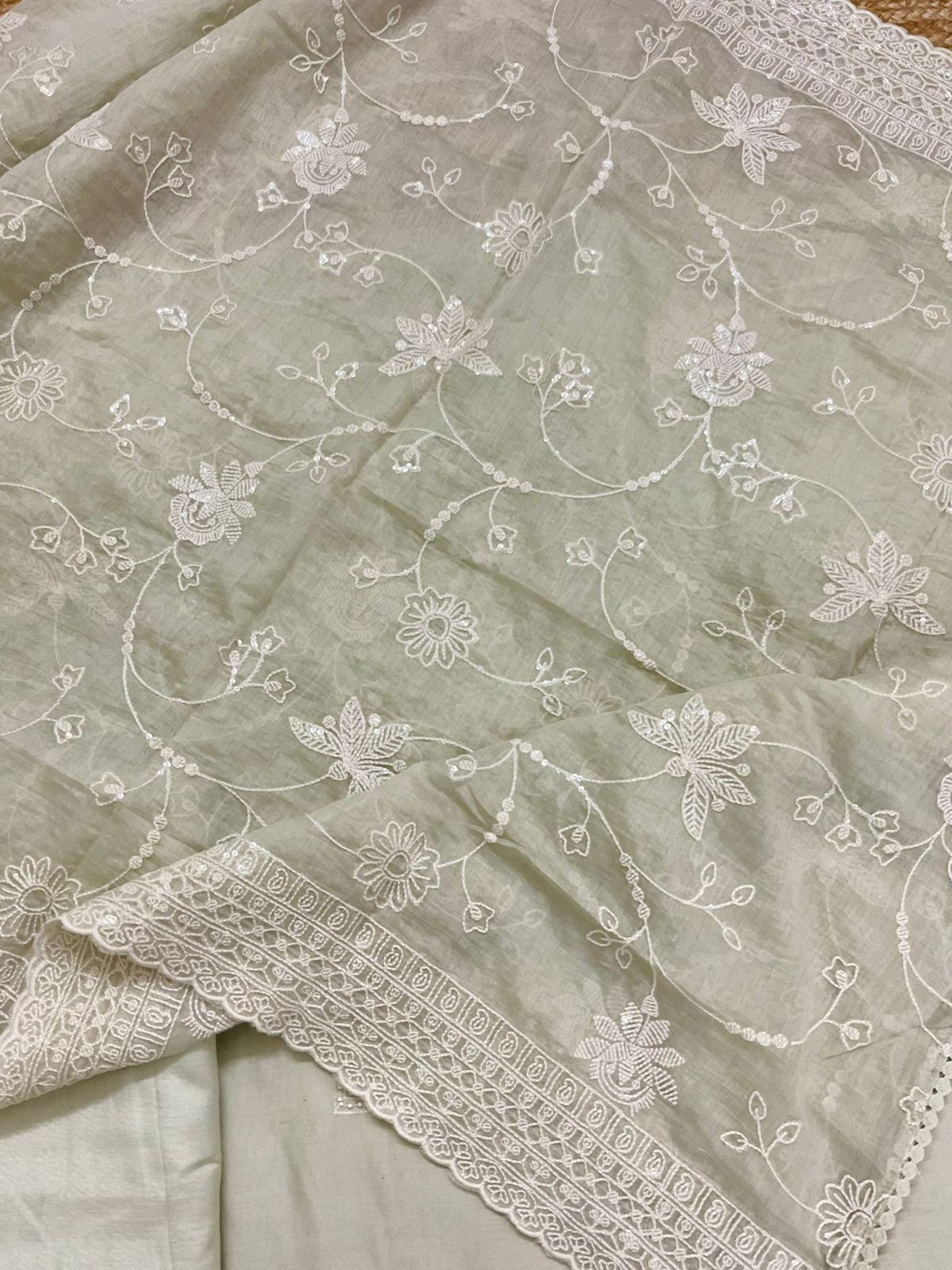 Pure Muslin Embroidered Suit - Greenish Beige