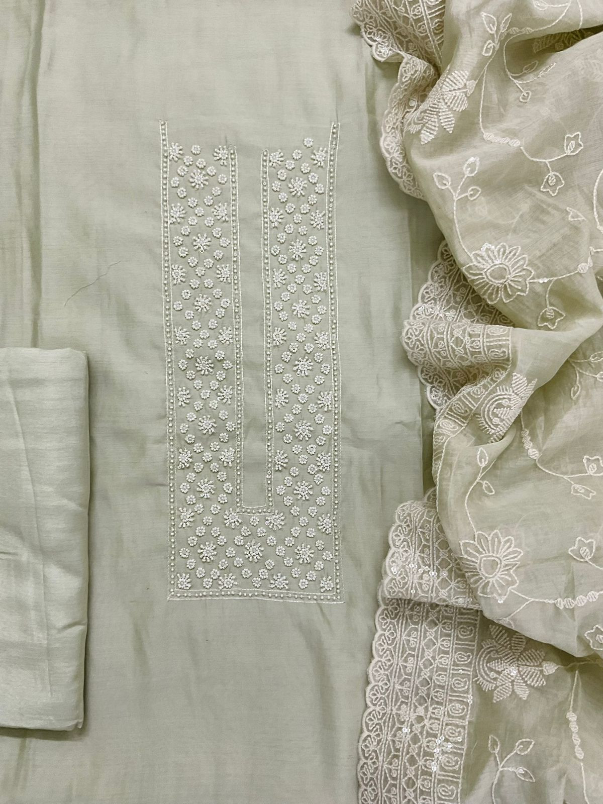 Pure Muslin Embroidered Suit - Greenish Beige
