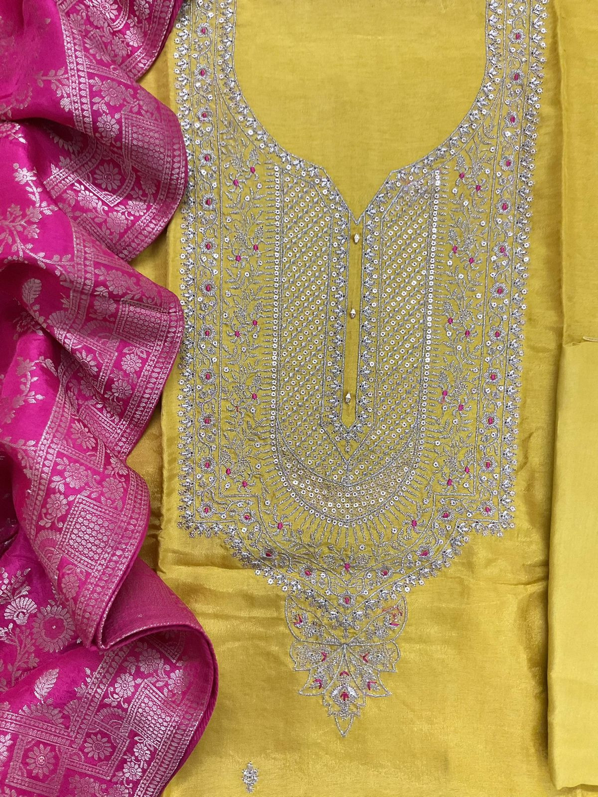 Soft Dola Silk Embroidered Banarasi Weaves Suit - Yellow