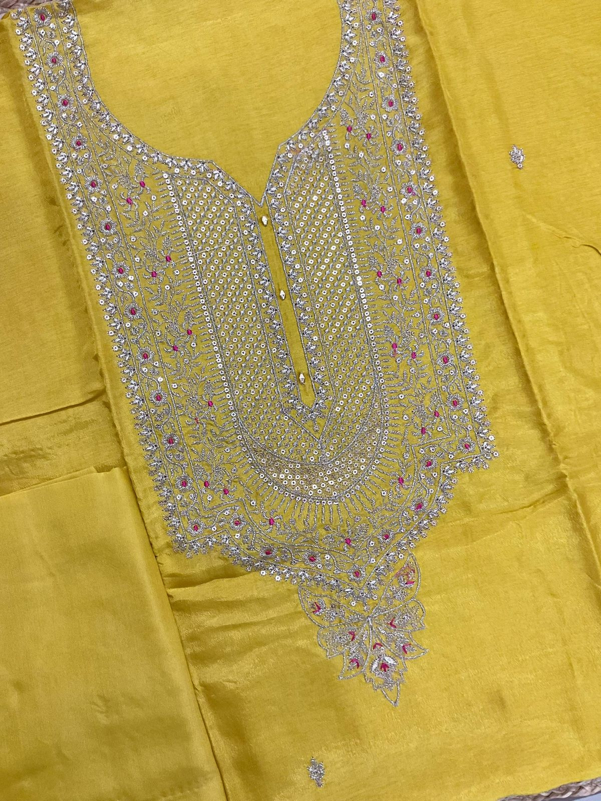 Soft Dola Silk Embroidered Banarasi Weaves Suit - Yellow