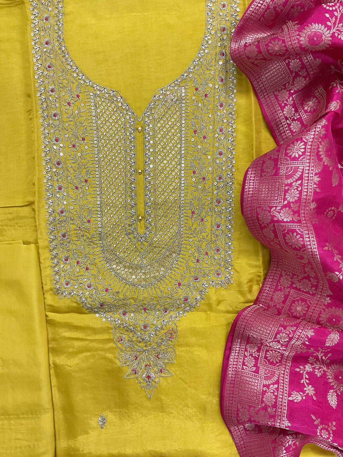 Soft Dola Silk Embroidered Banarasi Weaves Suit - Yellow