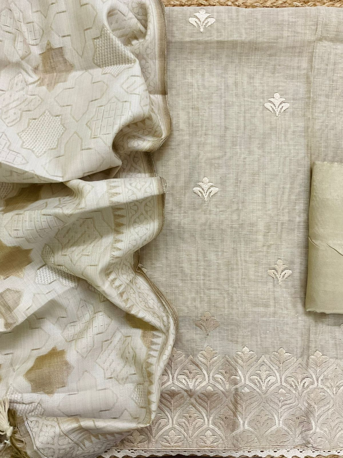 Soft Slub Chanderi Jamdani Weaved Embroidered Suit - Beige
