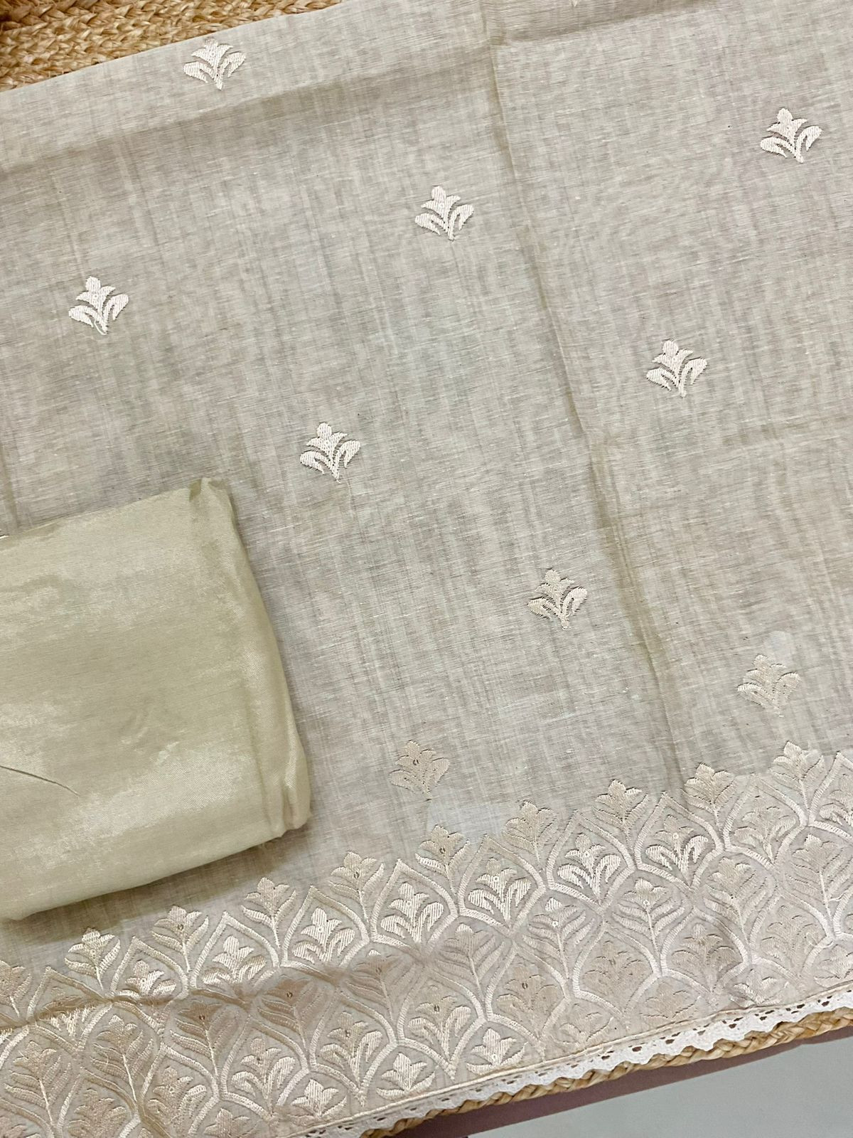 Soft Slub Chanderi Jamdani Weaved Embroidered Suit - Beige