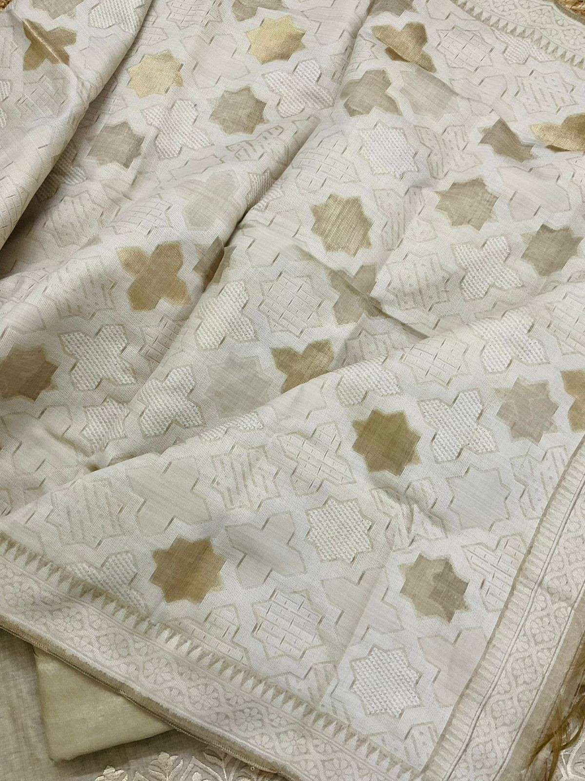 Soft Slub Chanderi Jamdani Weaved Embroidered Suit - Beige