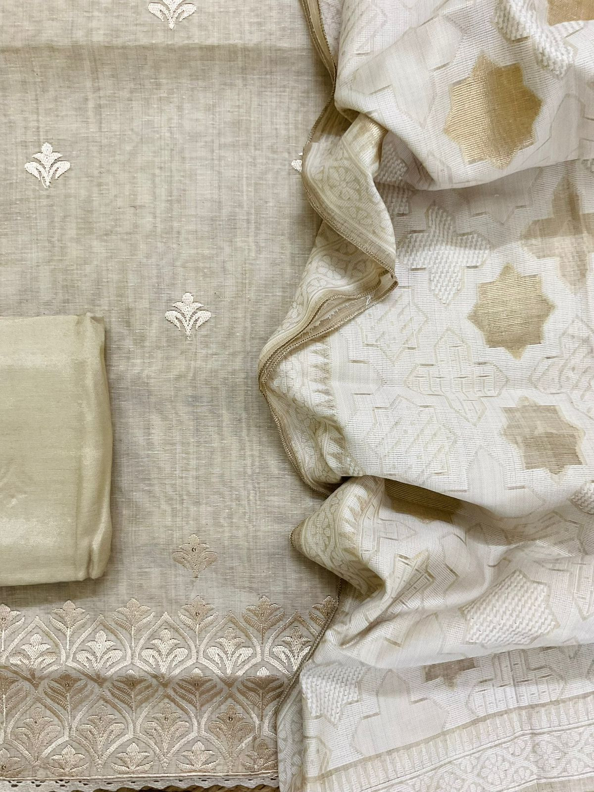 Soft Slub Chanderi Jamdani Weaved Embroidered Suit - Beige