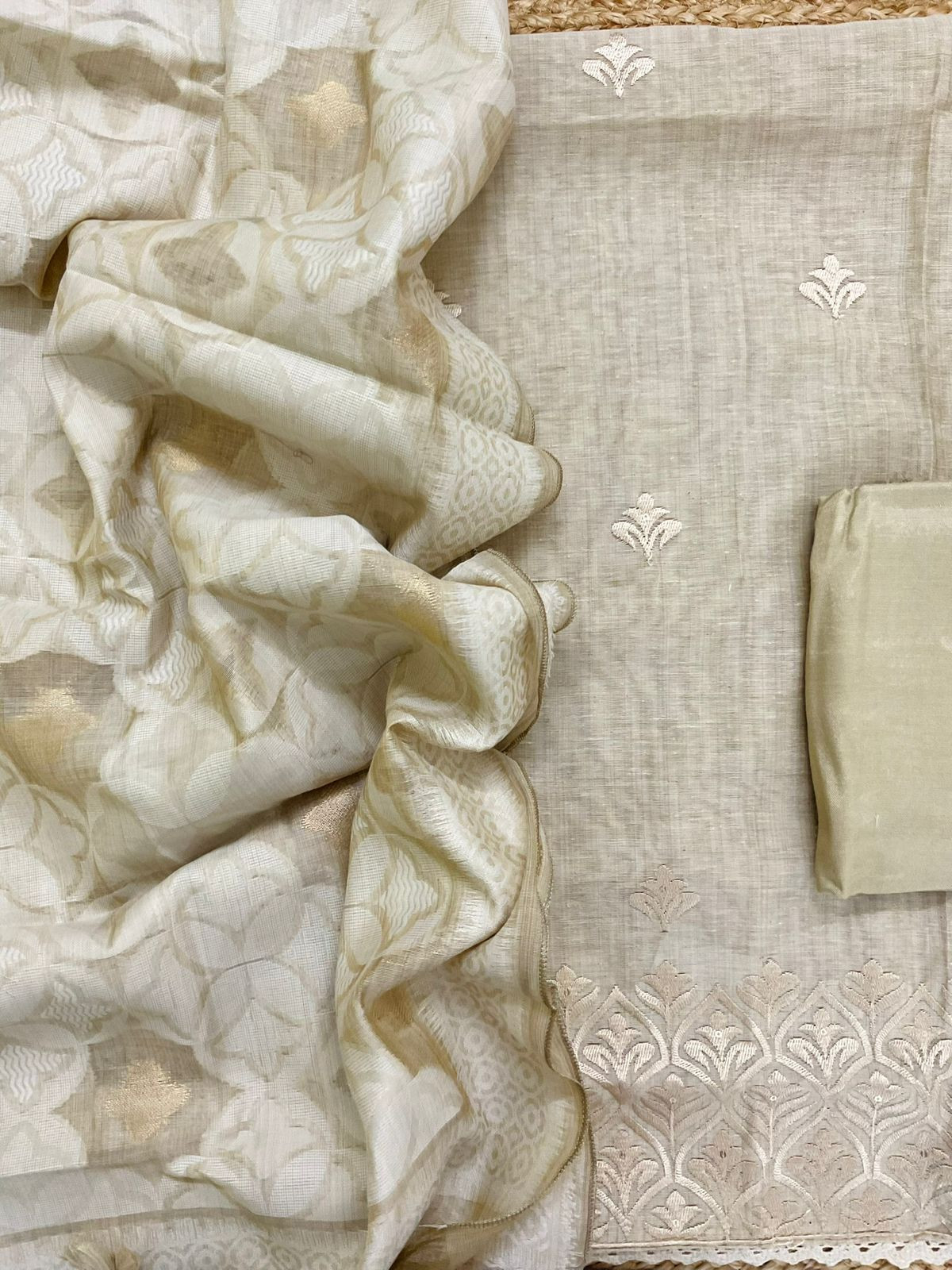 Soft Slub Chanderi Jamdani Weaved Embroidered Suit - Beige