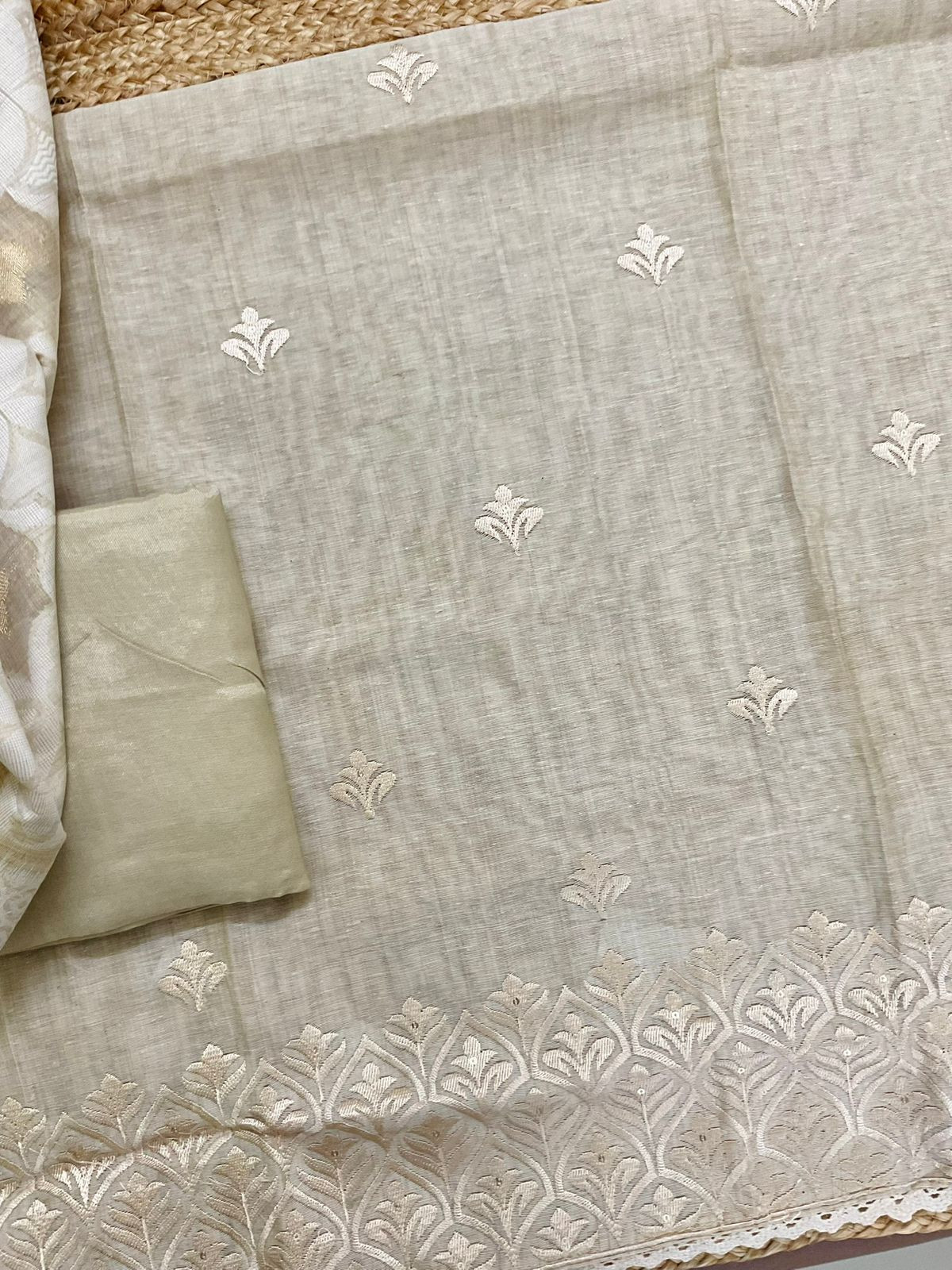 Soft Slub Chanderi Jamdani Weaved Embroidered Suit - Beige