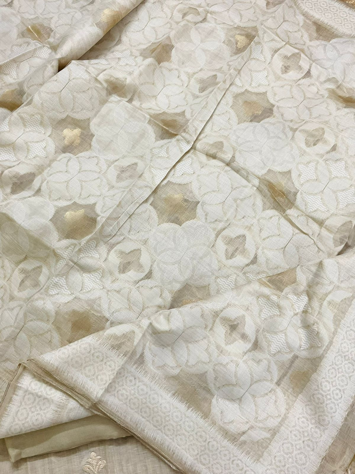 Soft Slub Chanderi Jamdani Weaved Embroidered Suit - Beige