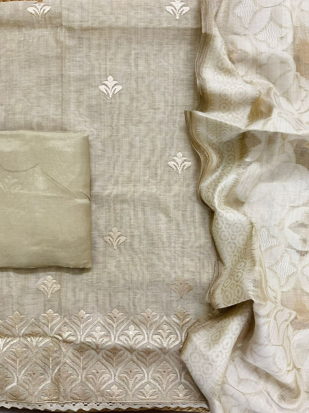 Soft Slub Chanderi Jamdani Weaved Embroidered Suit - Beige