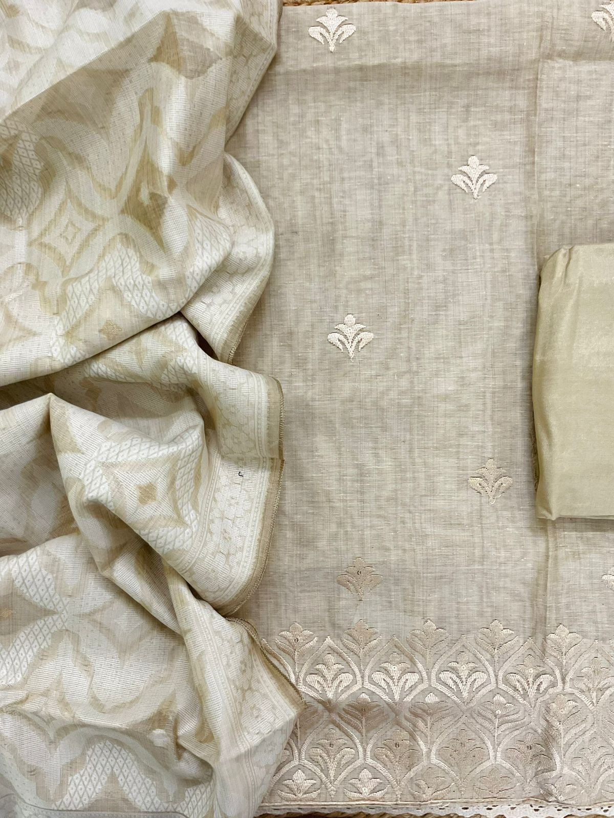Soft Slub Chanderi Jamdani Weaved Embroidered Suit - Beige