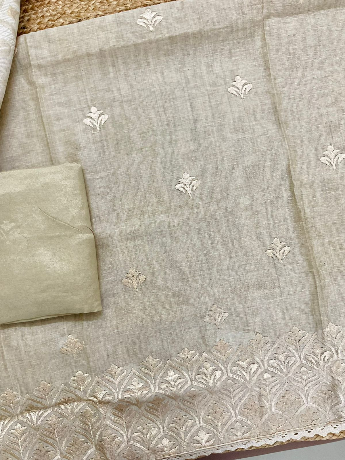Soft Slub Chanderi Jamdani Weaved Embroidered Suit - Beige
