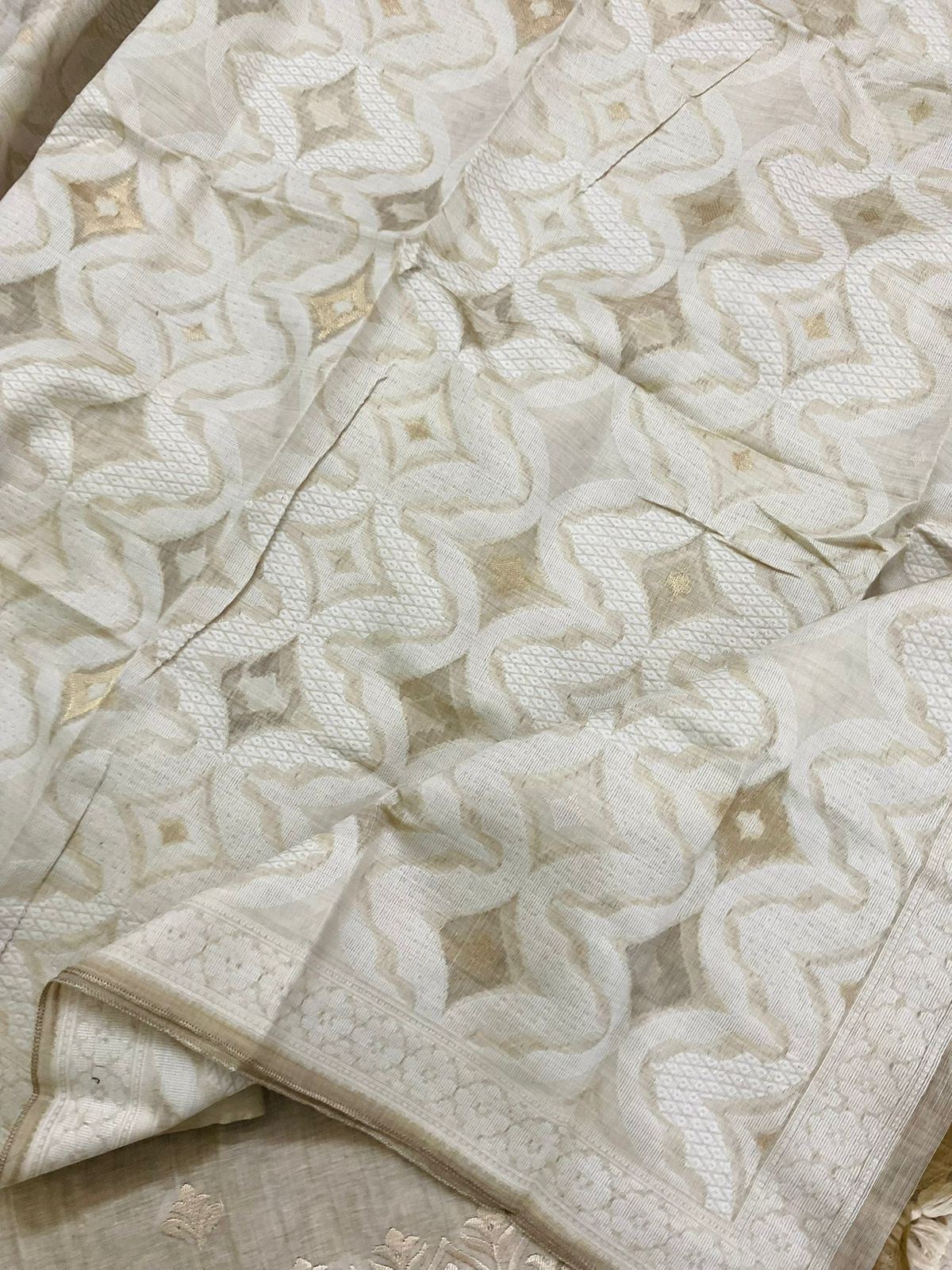 Soft Slub Chanderi Jamdani Weaved Embroidered Suit - Beige