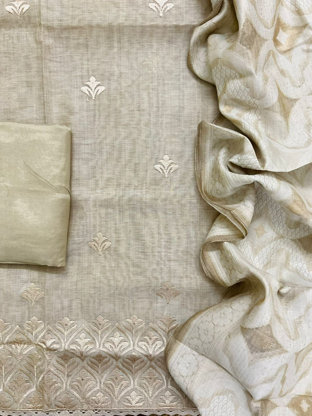 Soft Slub Chanderi Jamdani Weaved Embroidered Suit - Beige