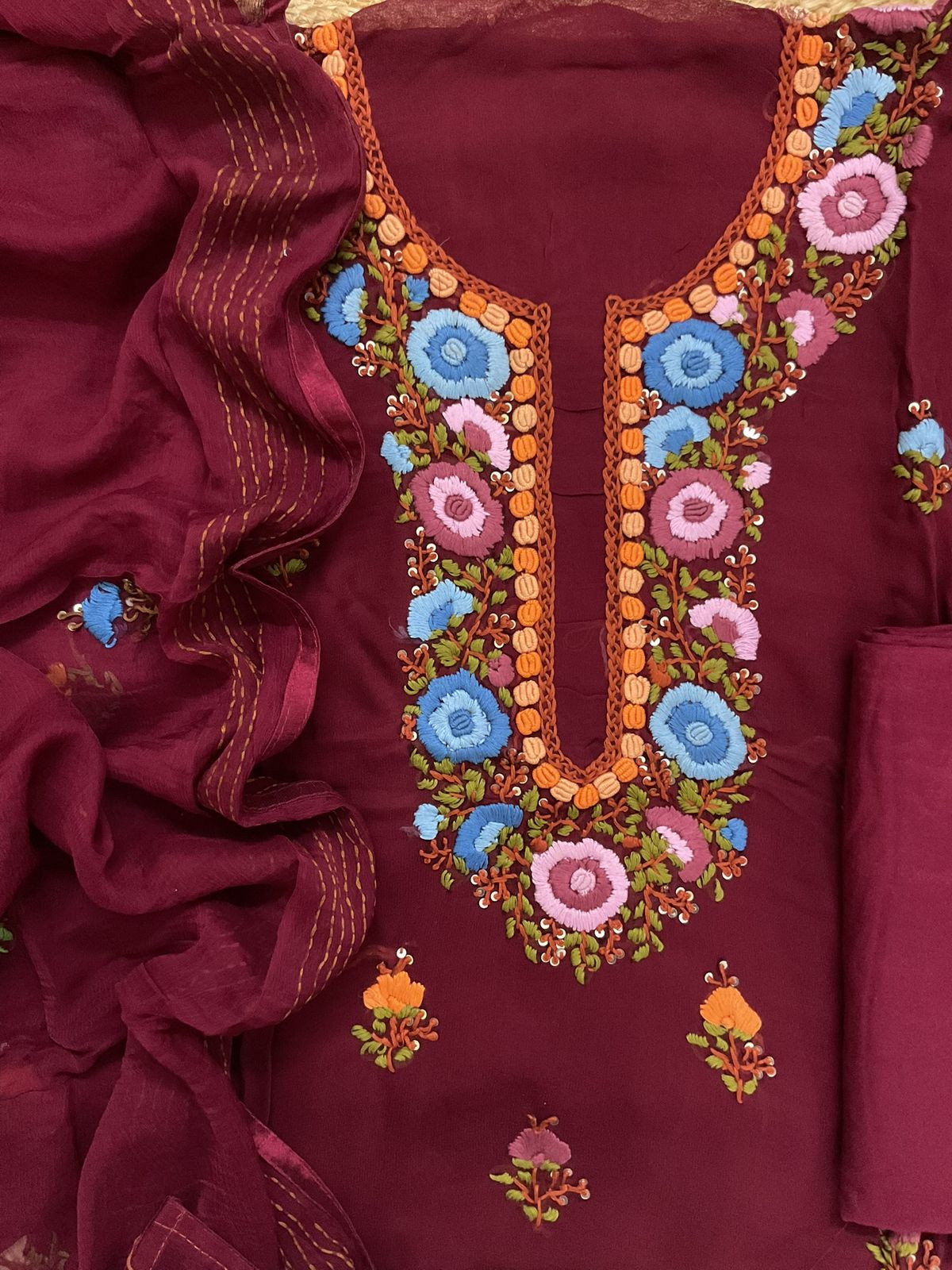 Soft Georgette Embroidered Suit - Maroon