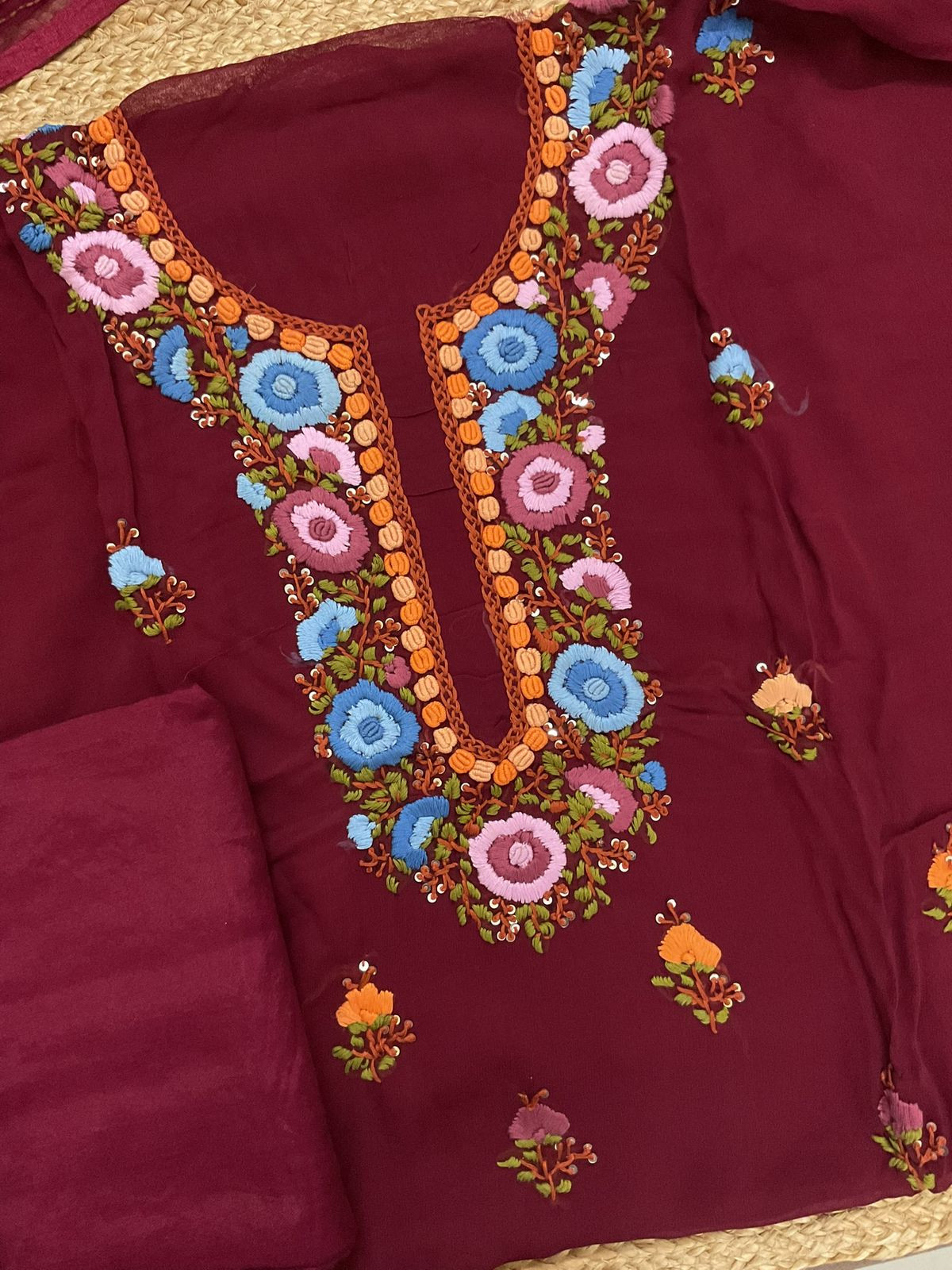 Soft Georgette Embroidered Suit - Maroon