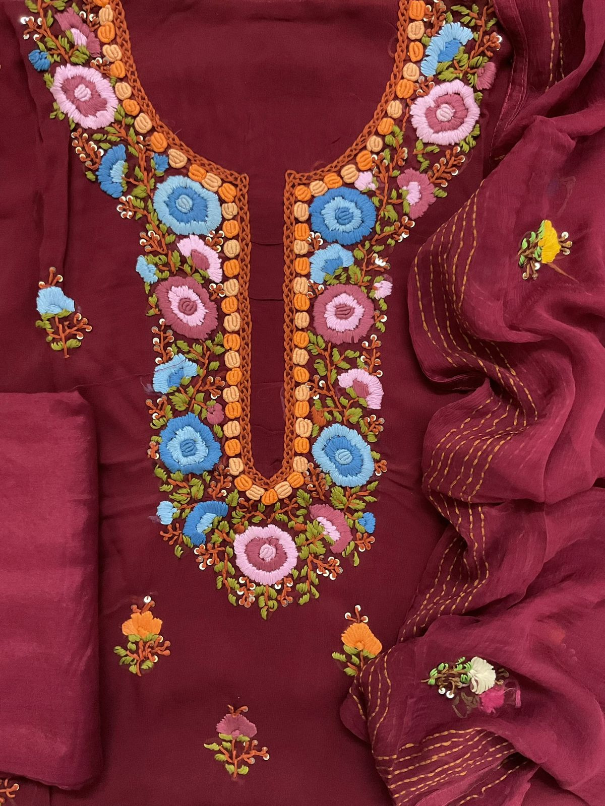 Soft Georgette Embroidered Suit - Maroon