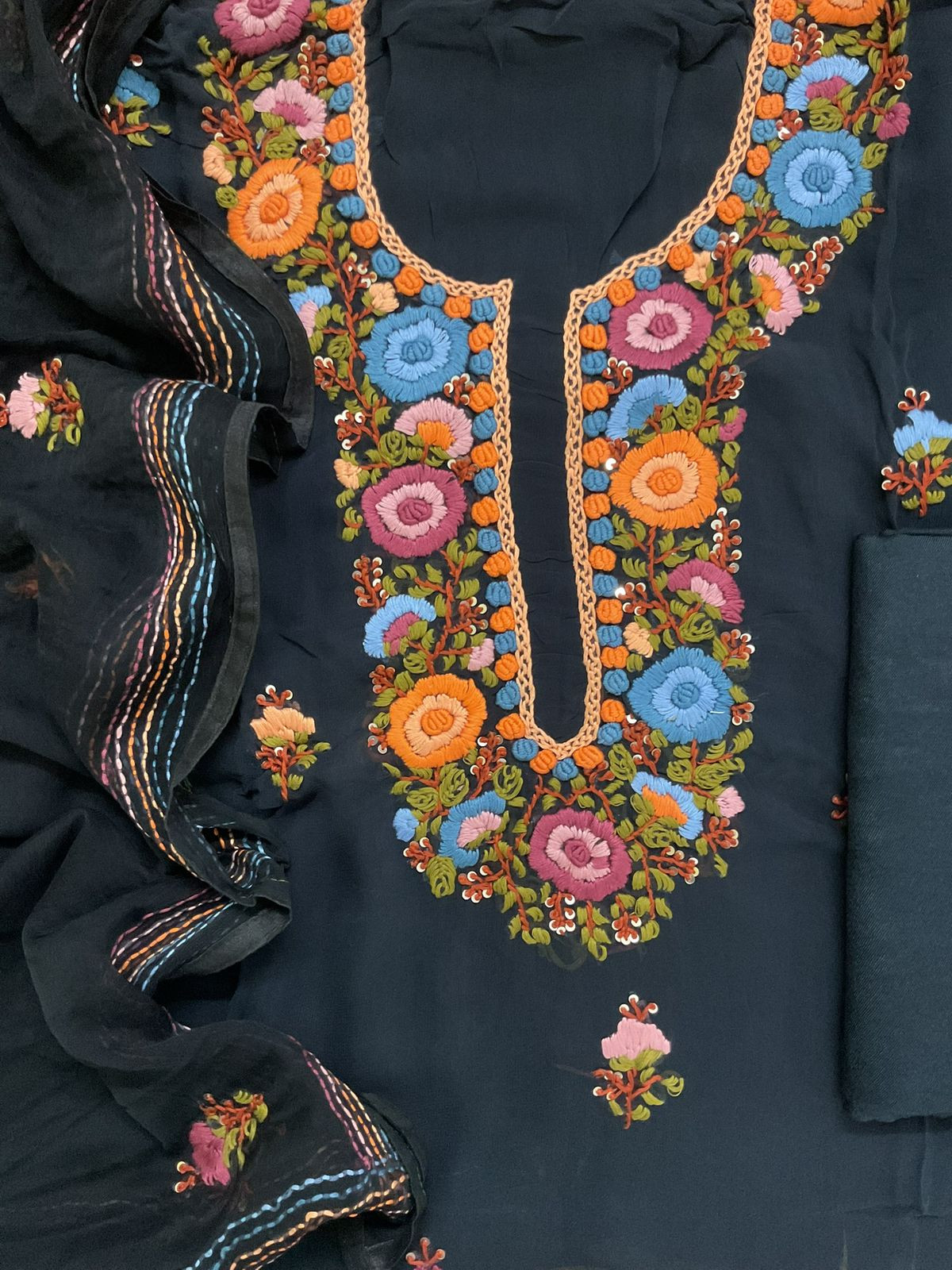 Soft Georgette Embroidered Suit - Bluish Black