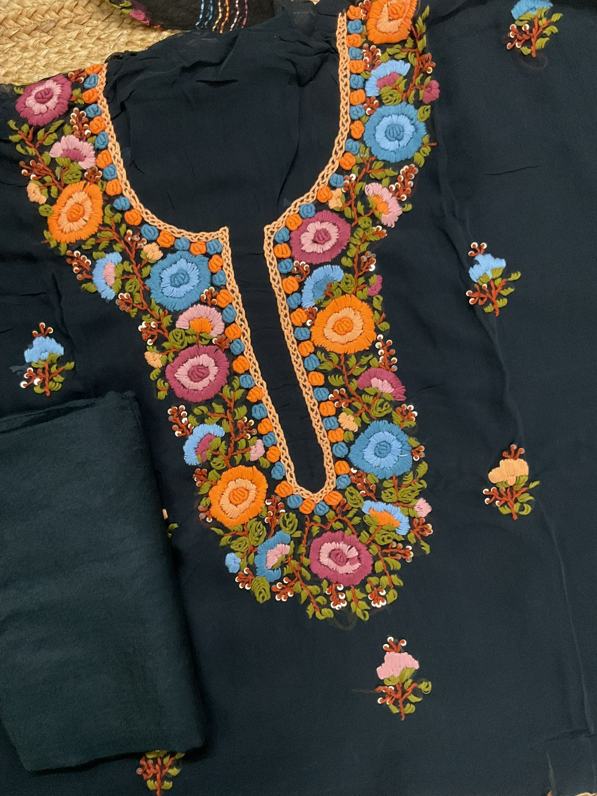 Soft Georgette Embroidered Suit - Bluish Black