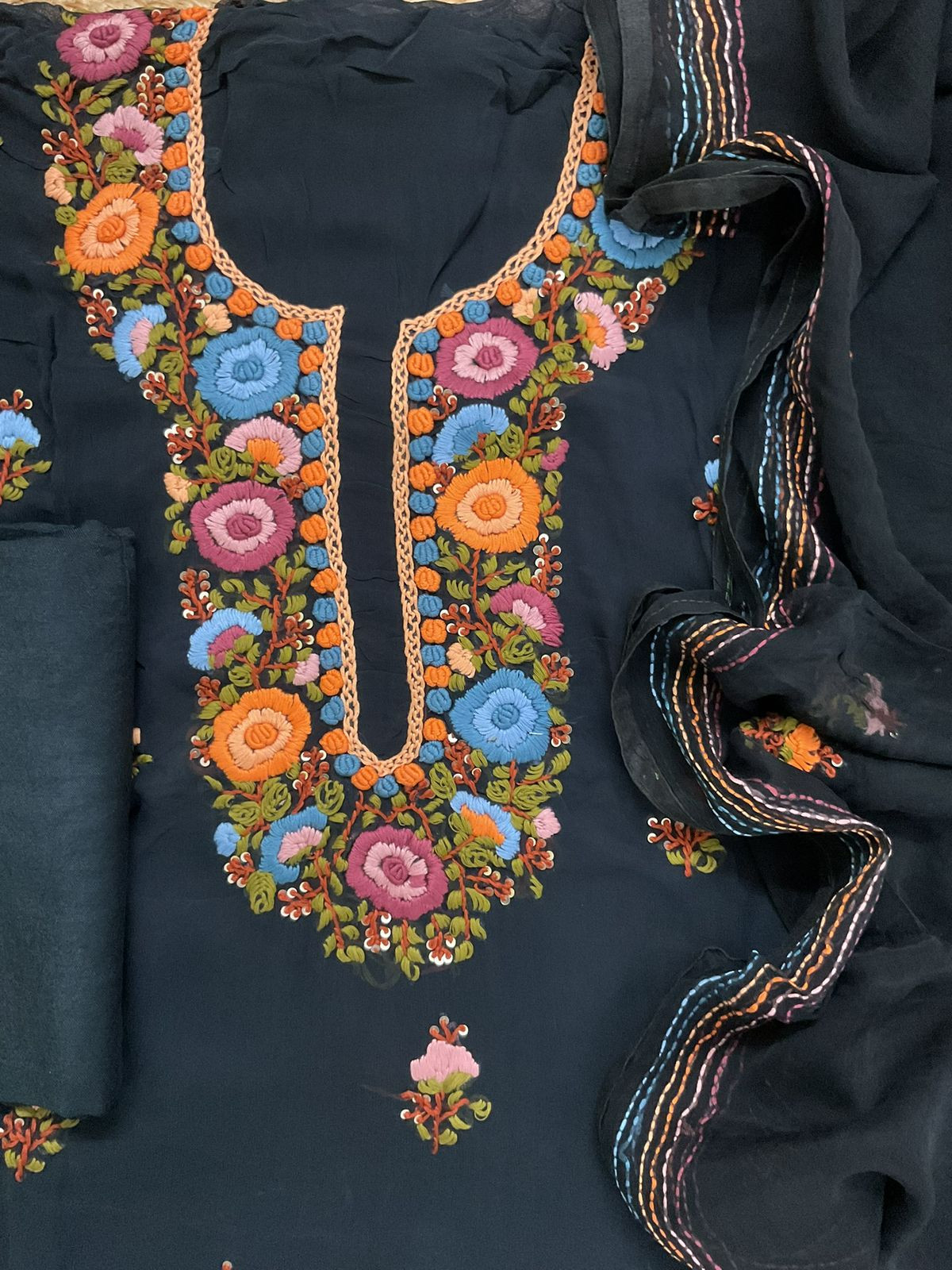 Soft Georgette Embroidered Suit - Bluish Black