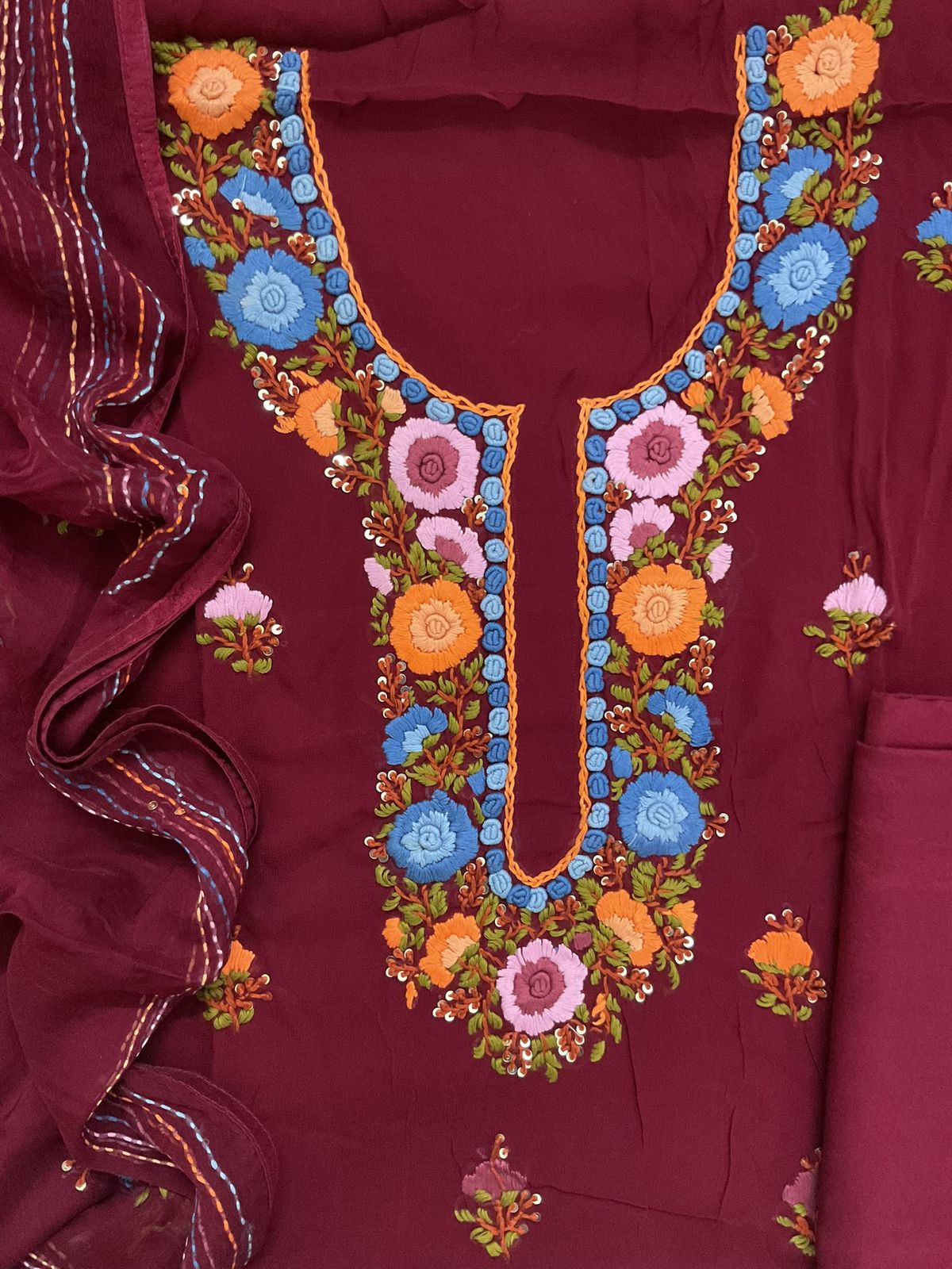 Soft Georgette Embroidered Suit - Maroon
