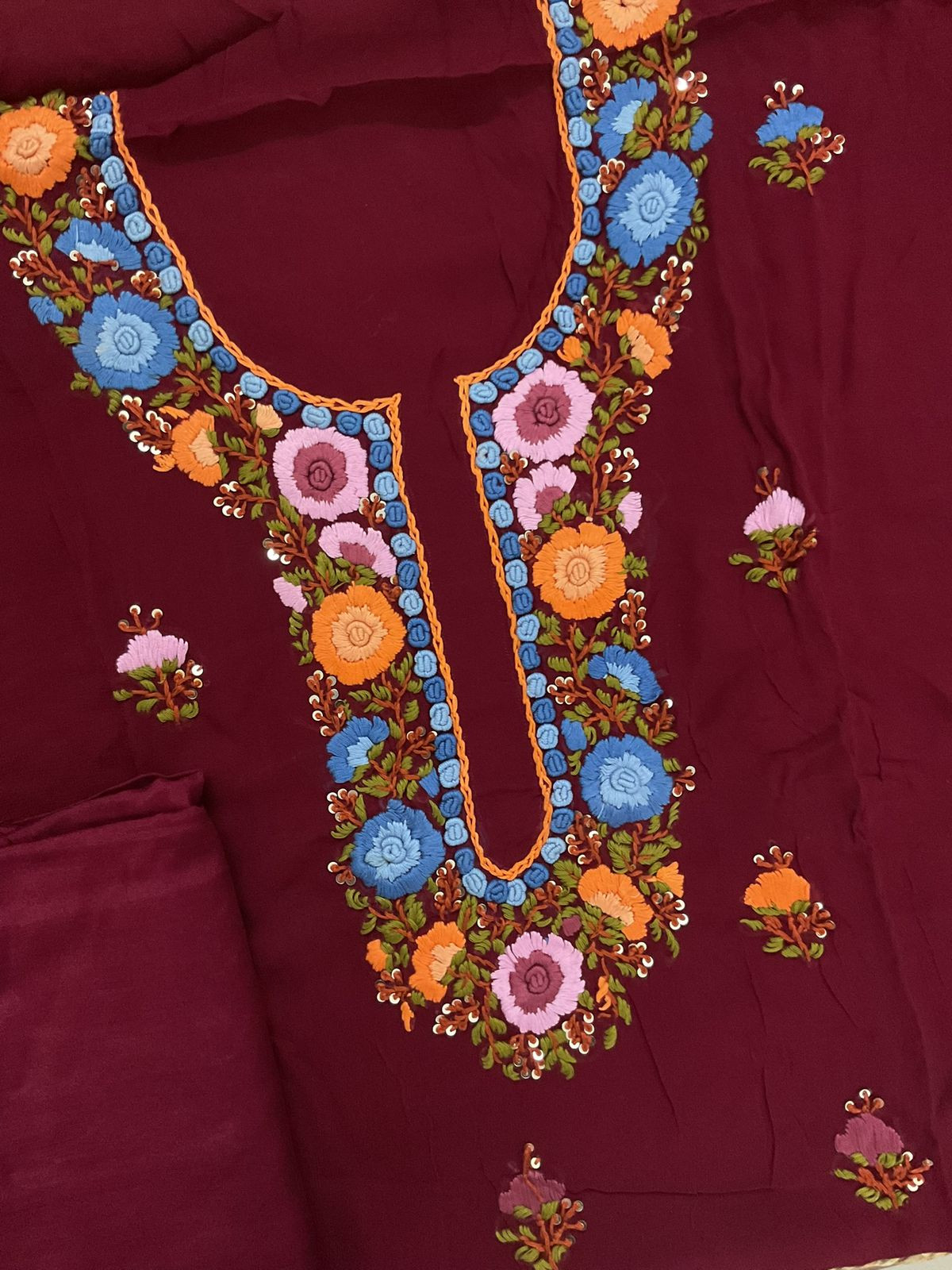 Soft Georgette Embroidered Suit - Maroon