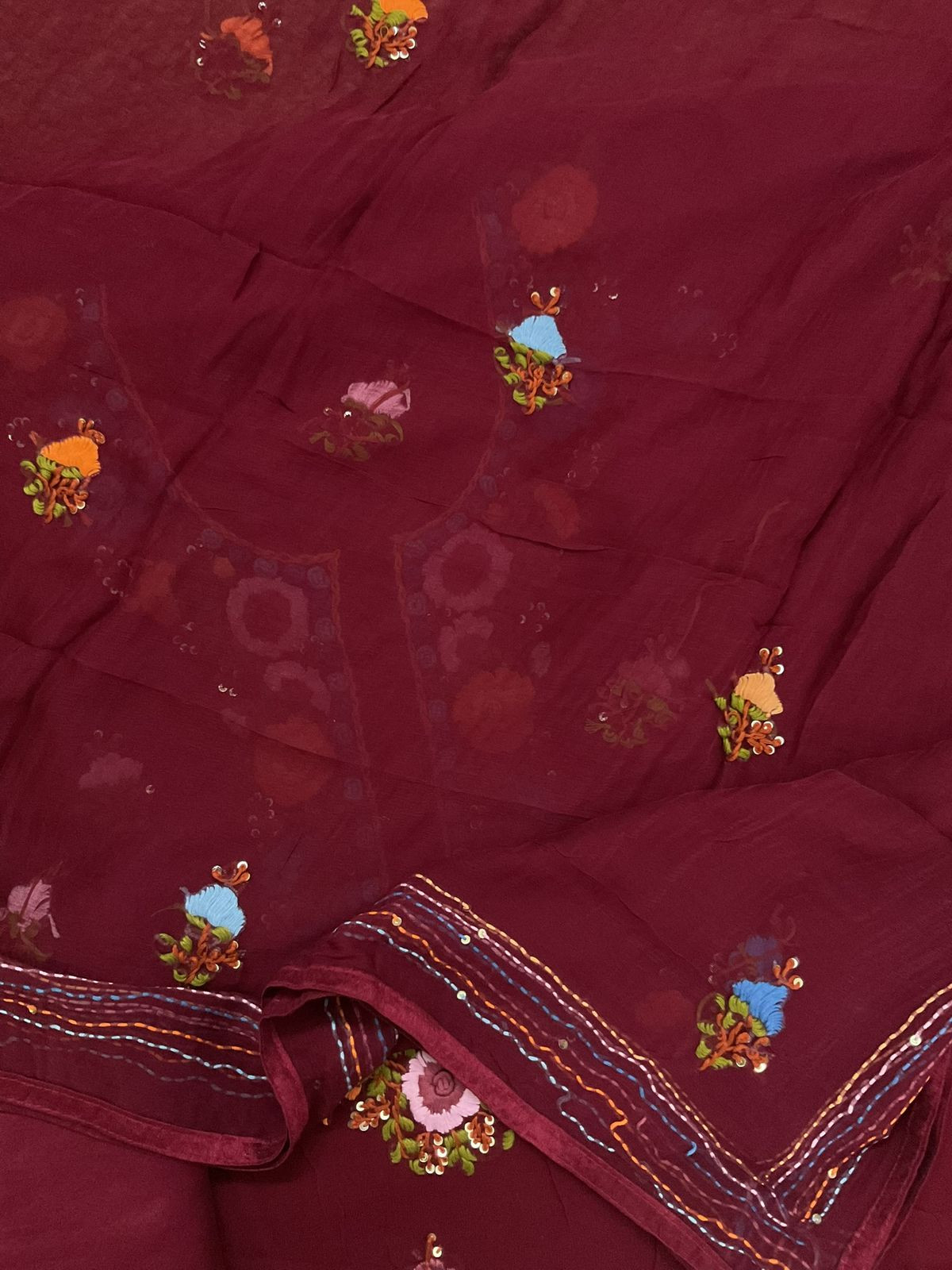 Soft Georgette Embroidered Suit - Maroon