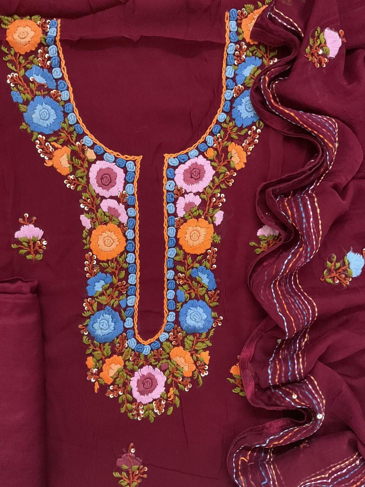 Soft Georgette Embroidered Suit - Maroon
