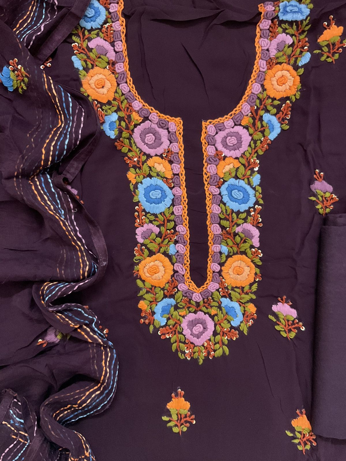 Soft Georgette Embroidered Suit - Wine