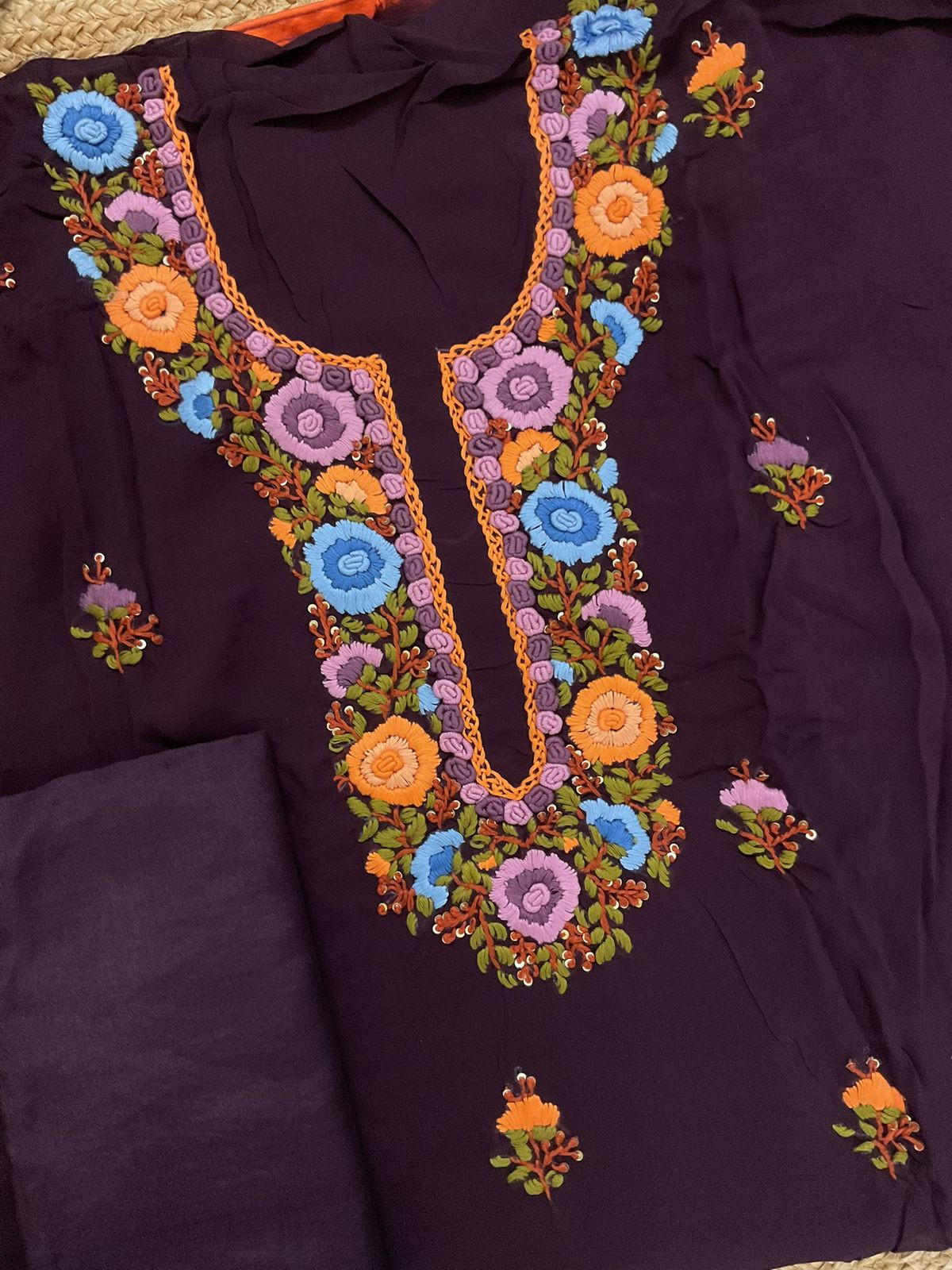 Soft Georgette Embroidered Suit - Wine