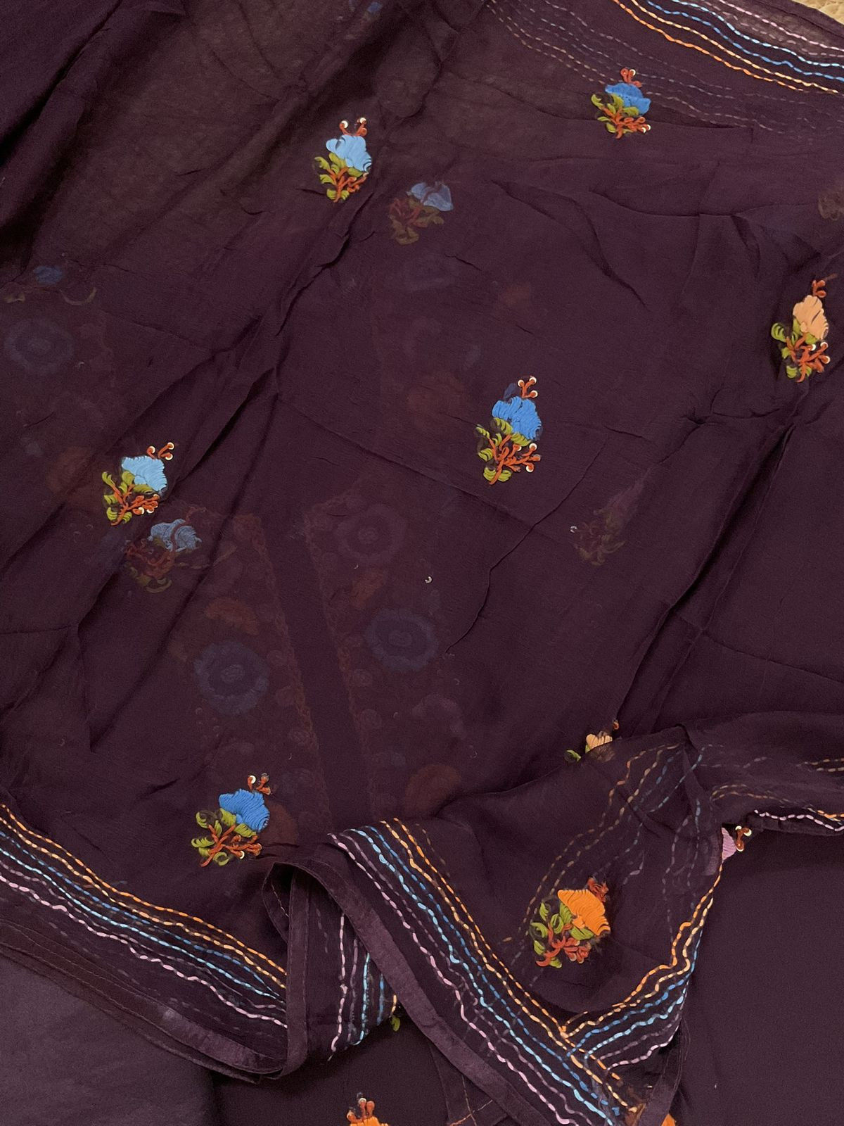Soft Georgette Embroidered Suit - Wine