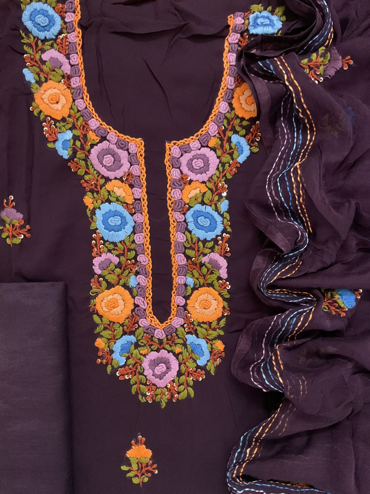 Soft Georgette Embroidered Suit - Wine