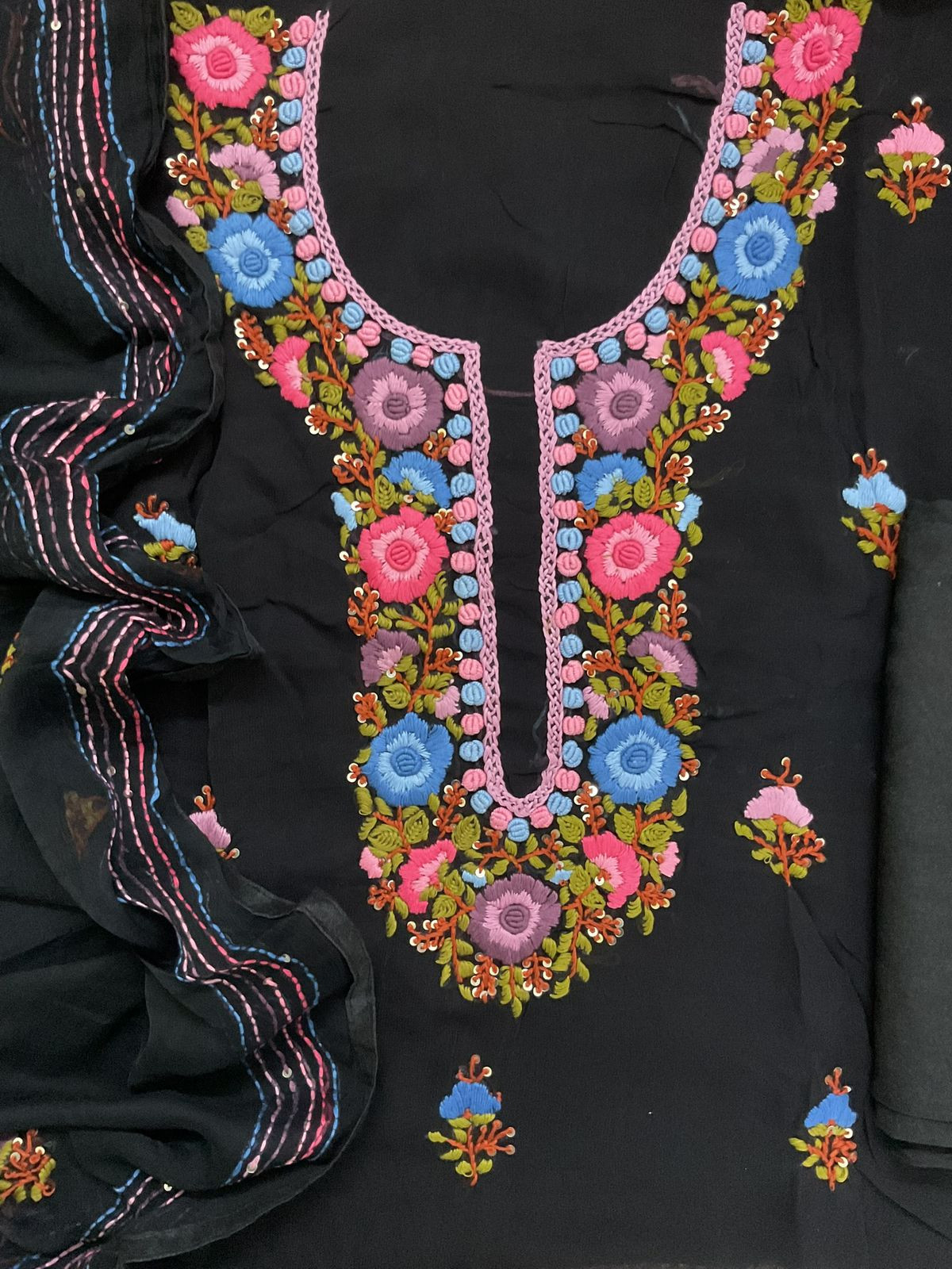 Soft Georgette Embroidered Suit - Black