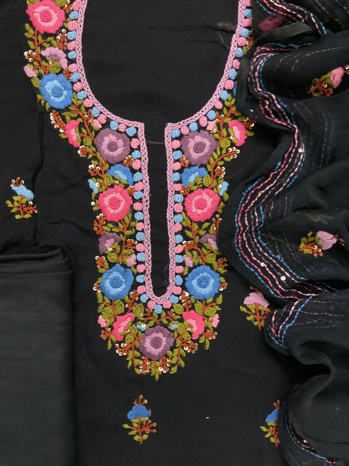 Soft Georgette Embroidered Suit - Black