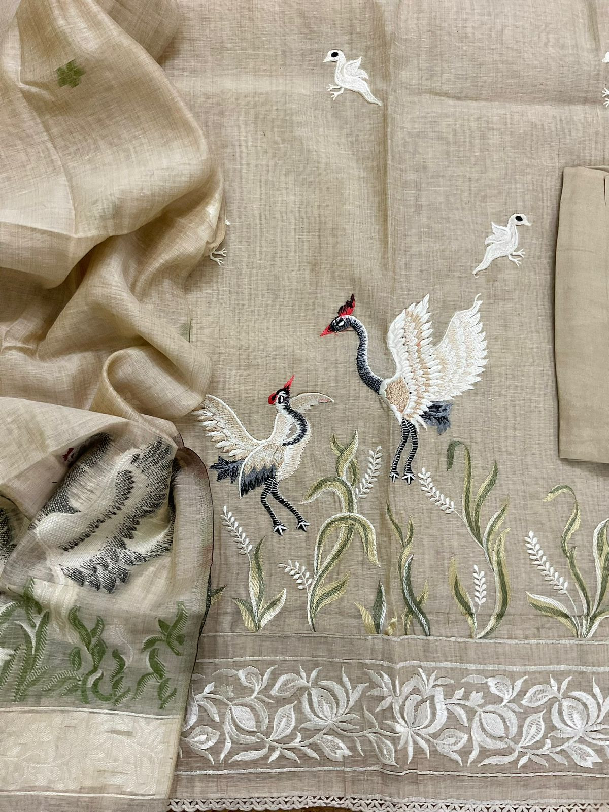Soft Slub Chanderi Jamdani Weaved Embroidered Suit - Beige