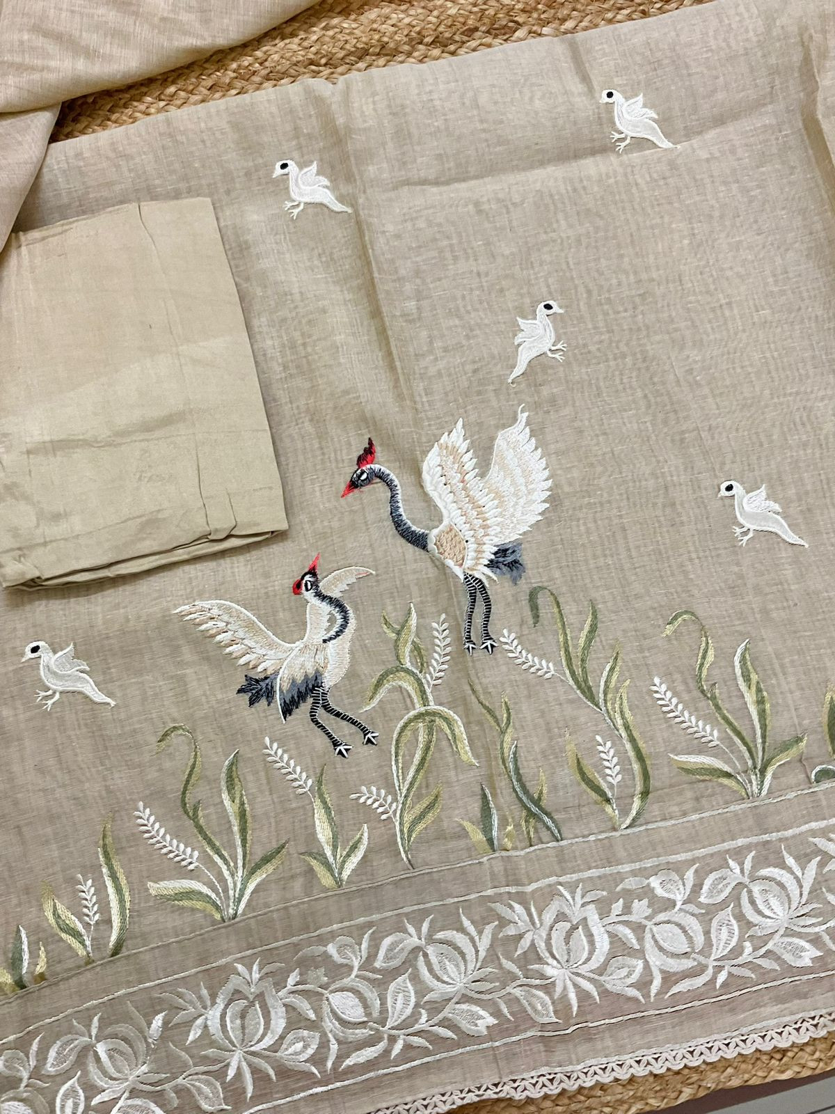 Soft Slub Chanderi Jamdani Weaved Embroidered Suit - Beige