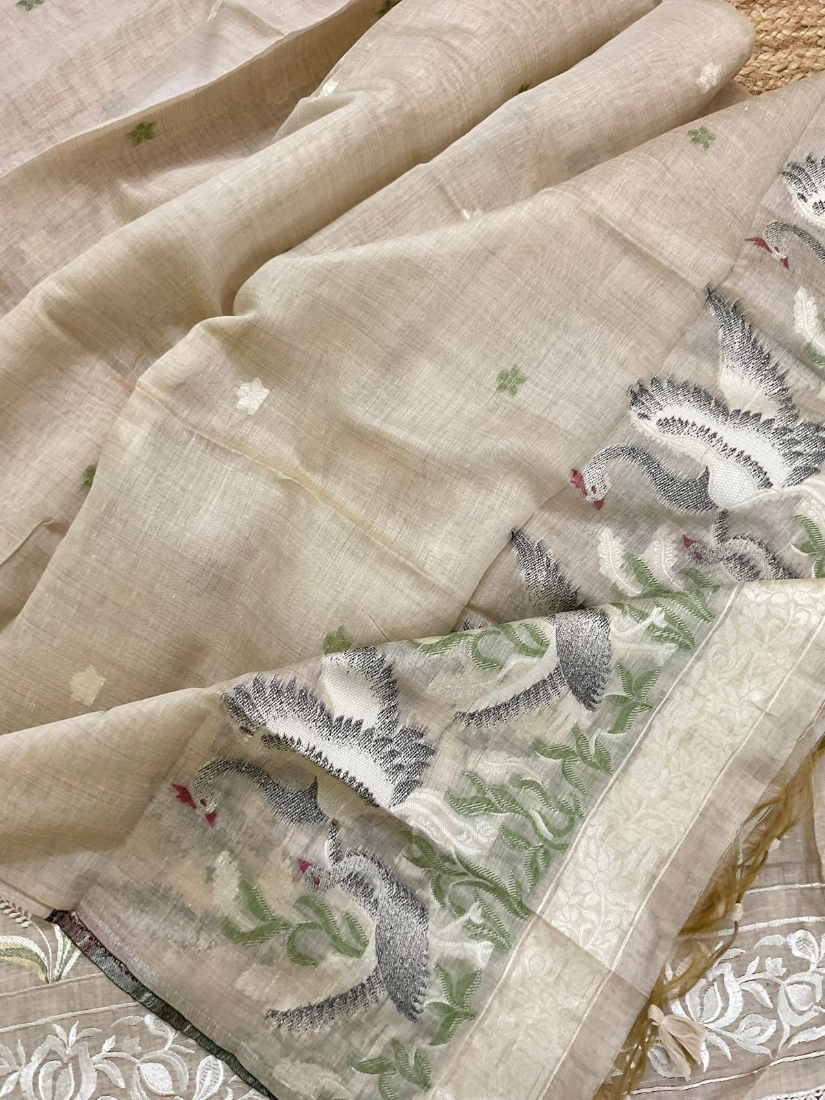 Soft Slub Chanderi Jamdani Weaved Embroidered Suit - Beige