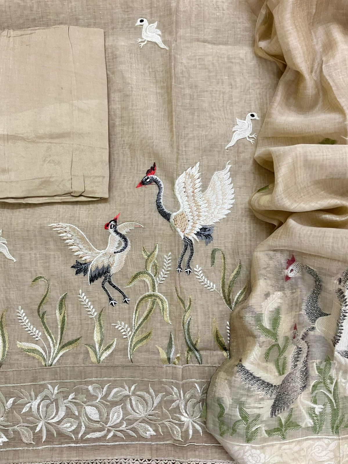 Soft Slub Chanderi Jamdani Weaved Embroidered Suit - Beige