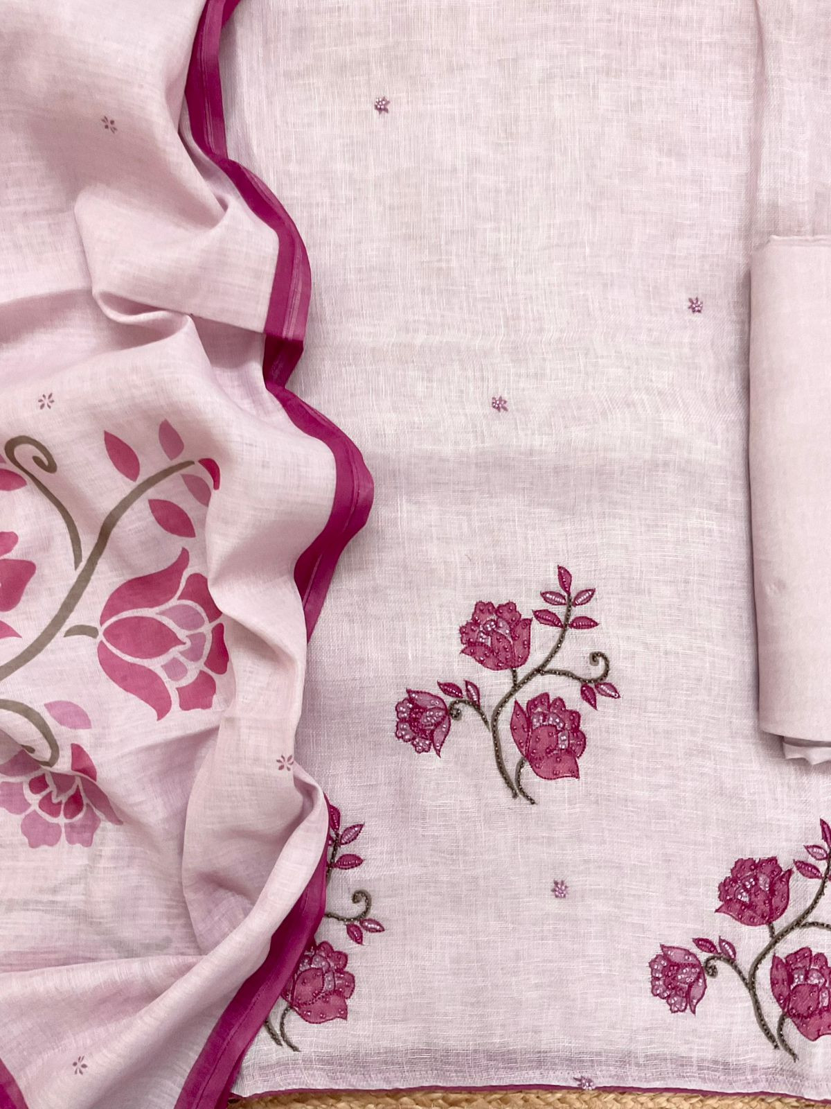 Pure Linen Jute Cotton Printed Embroidered Suit - Pink