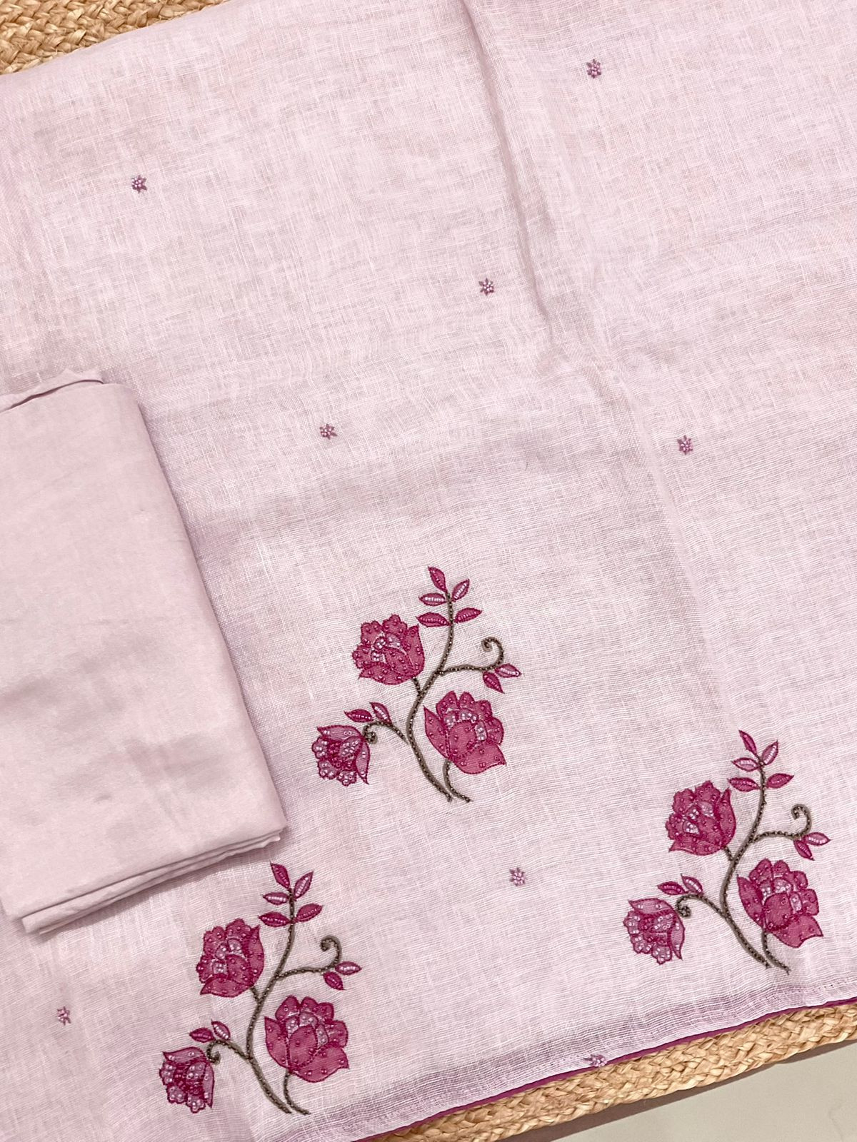 Pure Linen Jute Cotton Printed Embroidered Suit - Pink