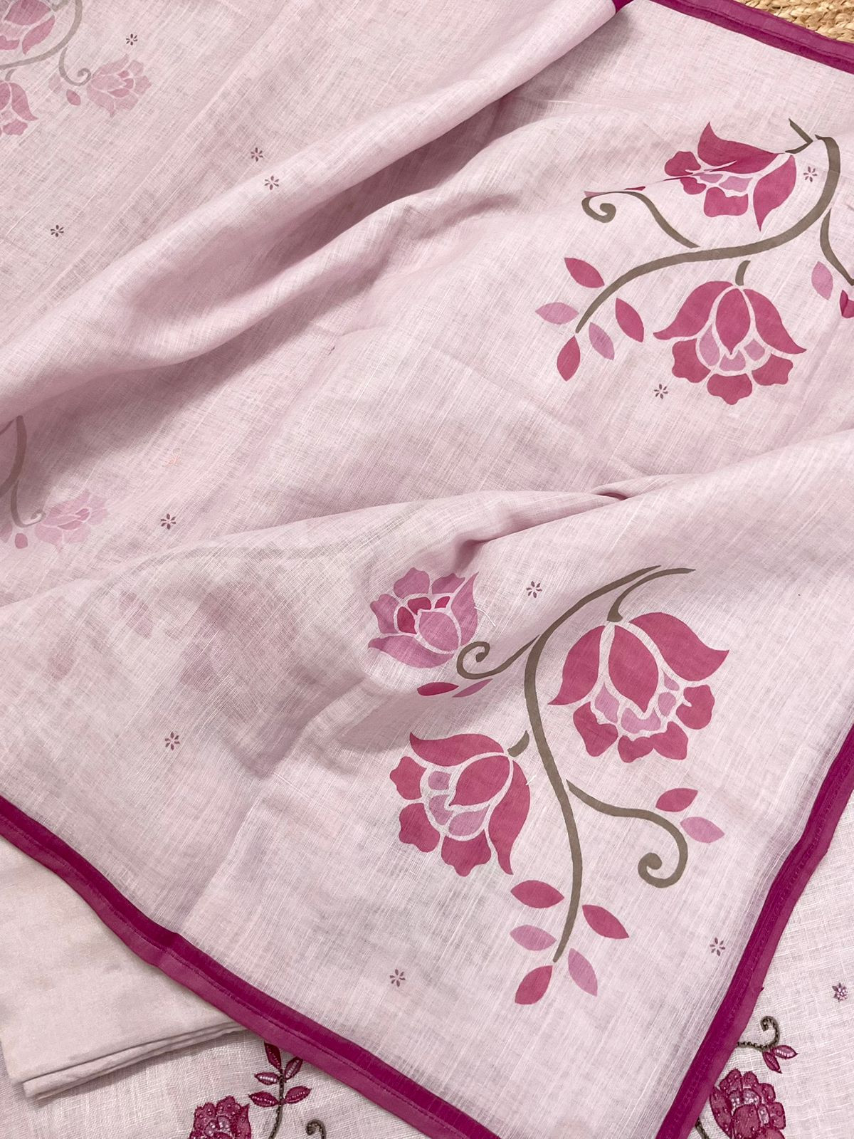 Pure Linen Jute Cotton Printed Embroidered Suit - Pink