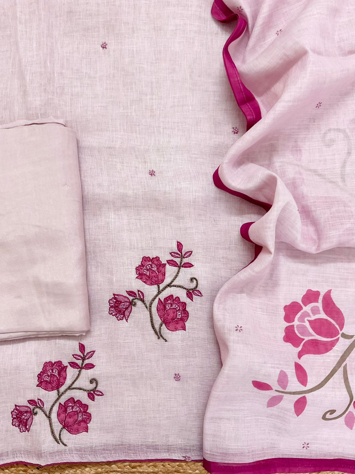 Pure Linen Jute Cotton Printed Embroidered Suit - Pink