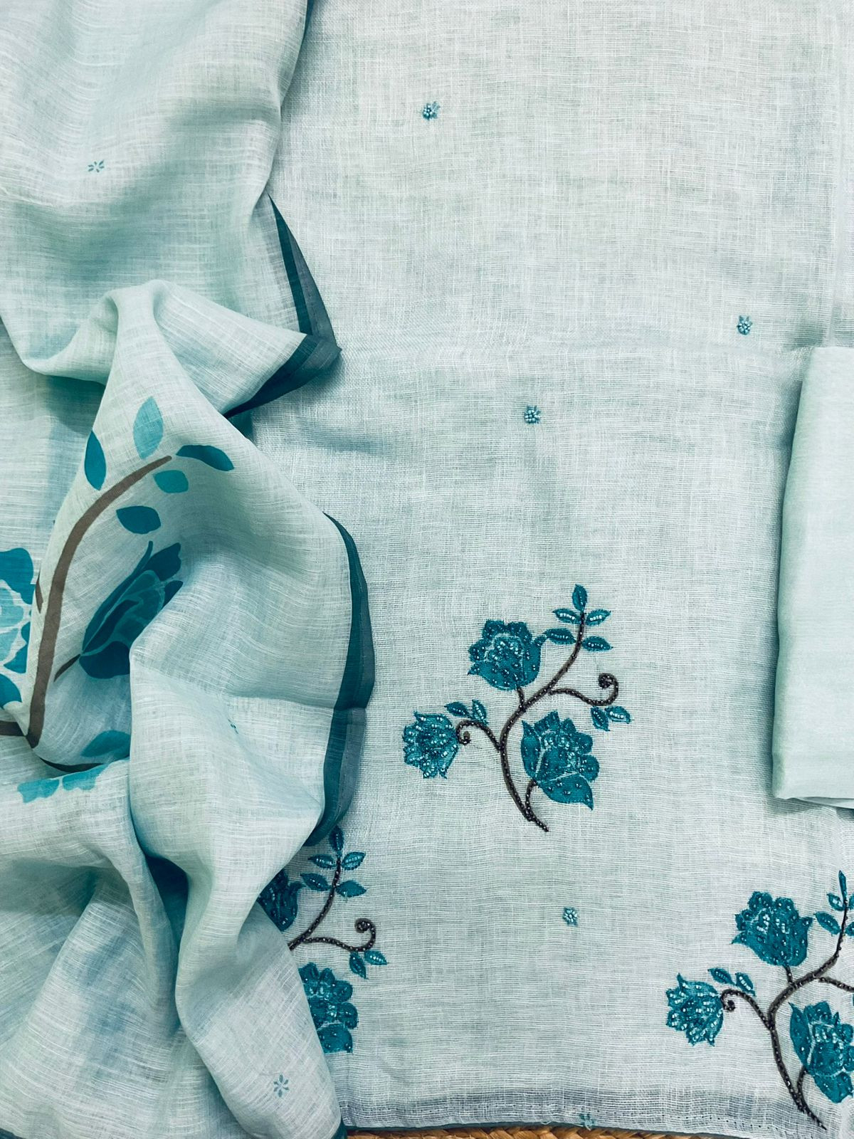 Pure Linen Jute Cotton Printed Embroidered Suit - Blue