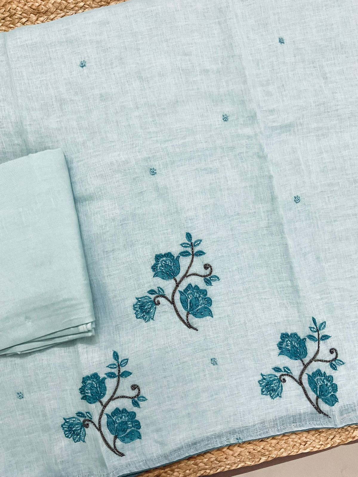 Pure Linen Jute Cotton Printed Embroidered Suit - Blue
