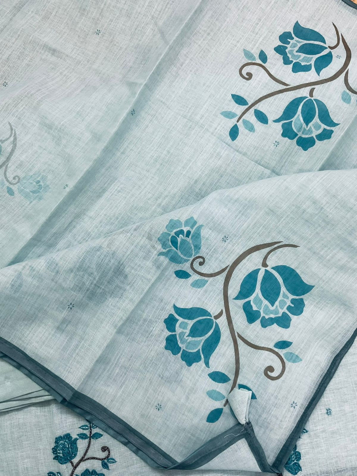 Pure Linen Jute Cotton Printed Embroidered Suit - Blue