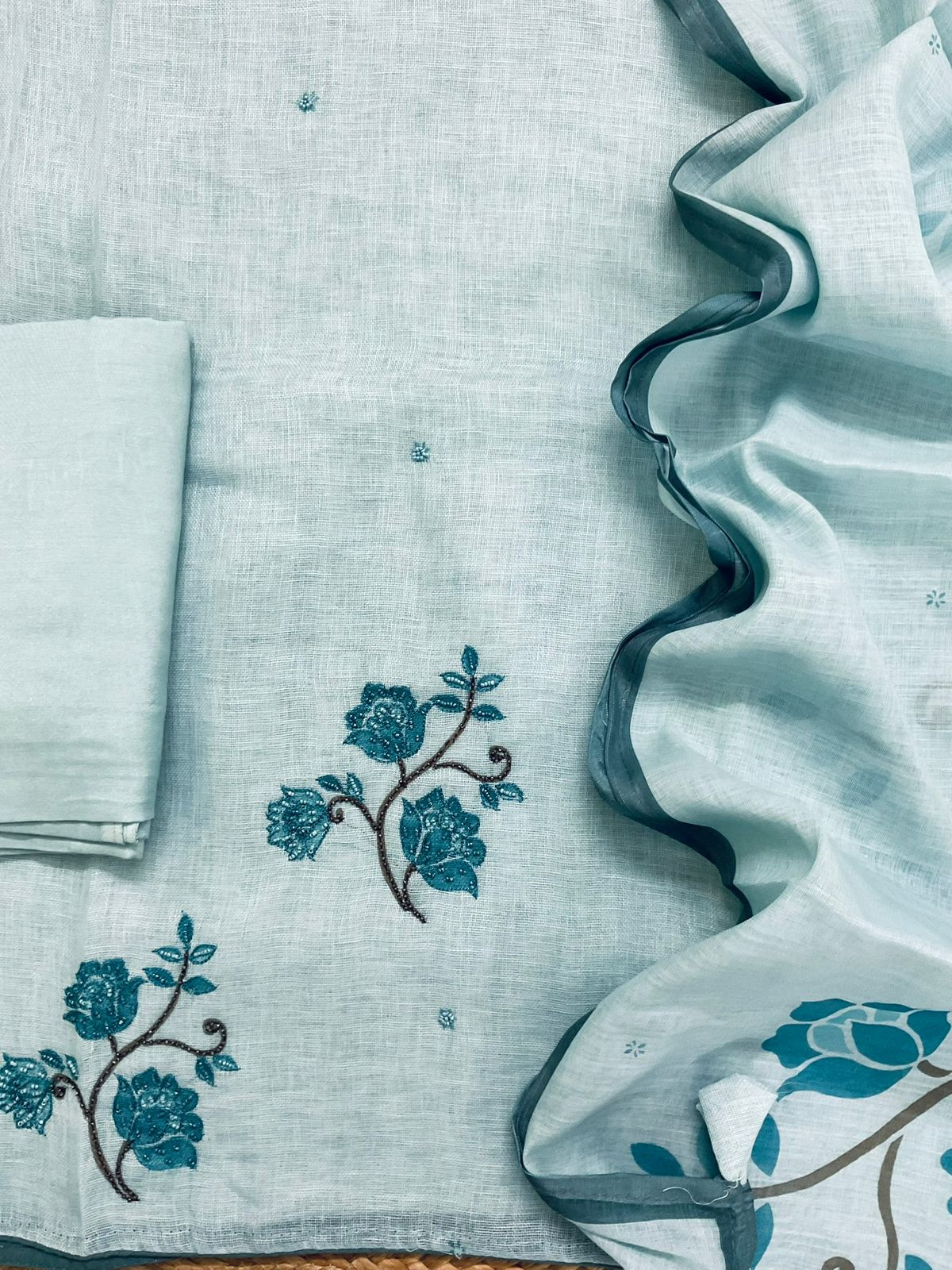 Pure Linen Jute Cotton Printed Embroidered Suit - Blue