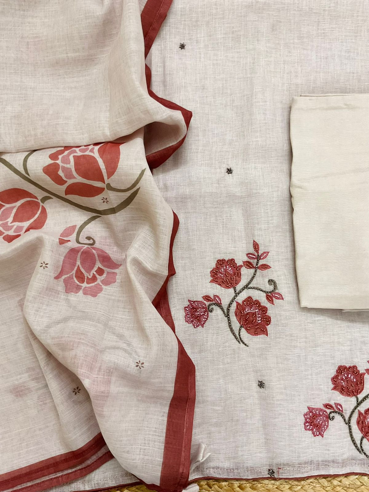 Pure Linen Jute Cotton Printed Embroidered Suit - Peachish Beige