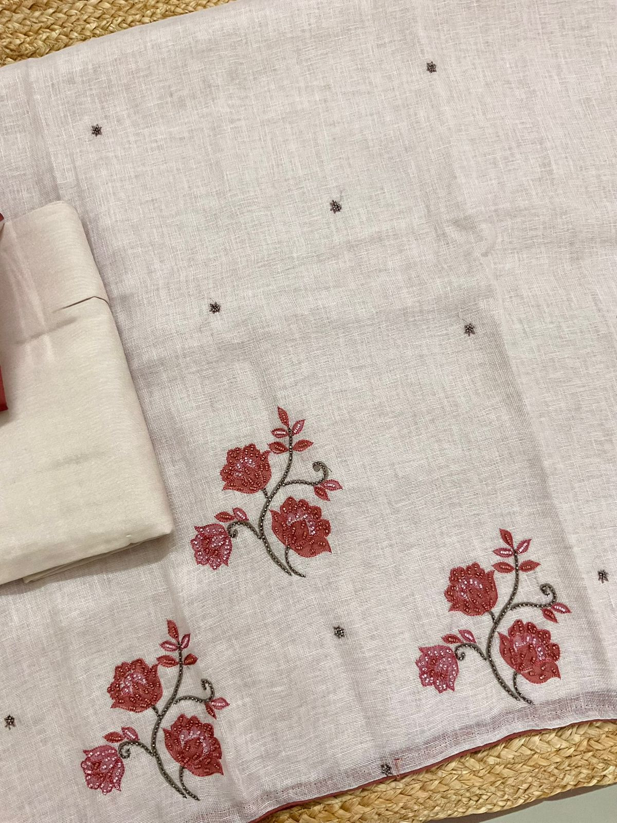 Pure Linen Jute Cotton Printed Embroidered Suit - Peachish Beige